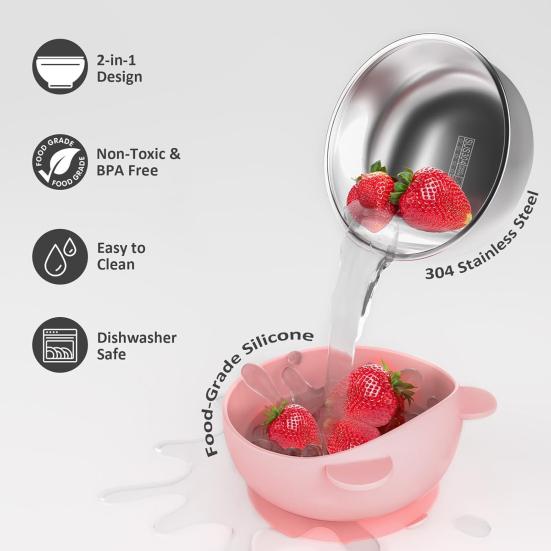 Yousheng Bear Silicone Baby Bowl, Stainless Steel Toddler Bowl with Strong Suction Base, Non Slip Anti Spill Training Bowl for Kids