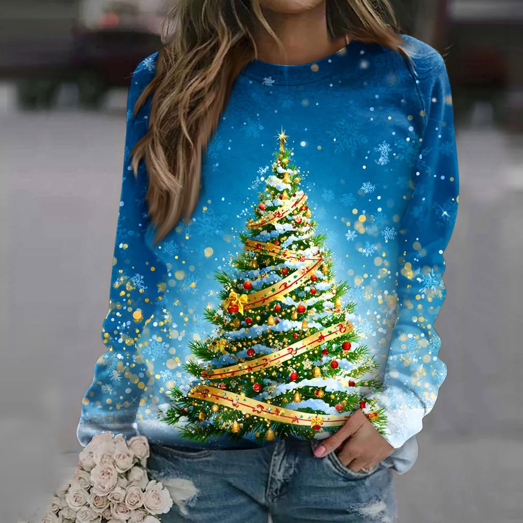 Women's Fashion Casual Long Sleeve Christmas Printed Neck Sweatshirt Top