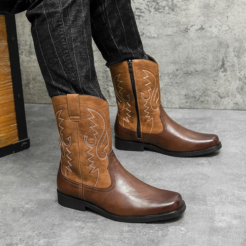 Western style cowboy leather boots embroidered long leather shoes high top British style riding boots 46 темно-коричневого 8150₽