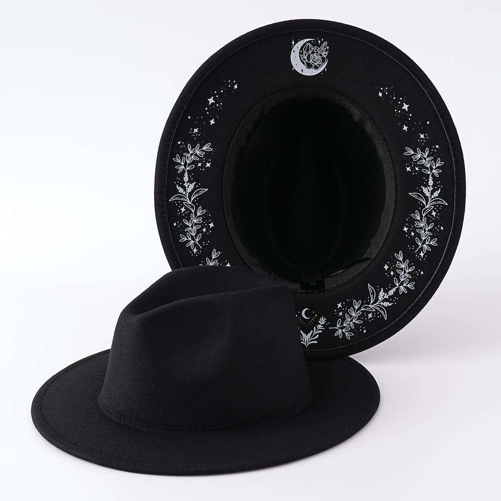 Ladies' Retro Western Cowboy Hat, Wide Brimmed Black and White Flower Star and Moon Pattern, Elegant Rural Style Headwear, Holiday Decoration