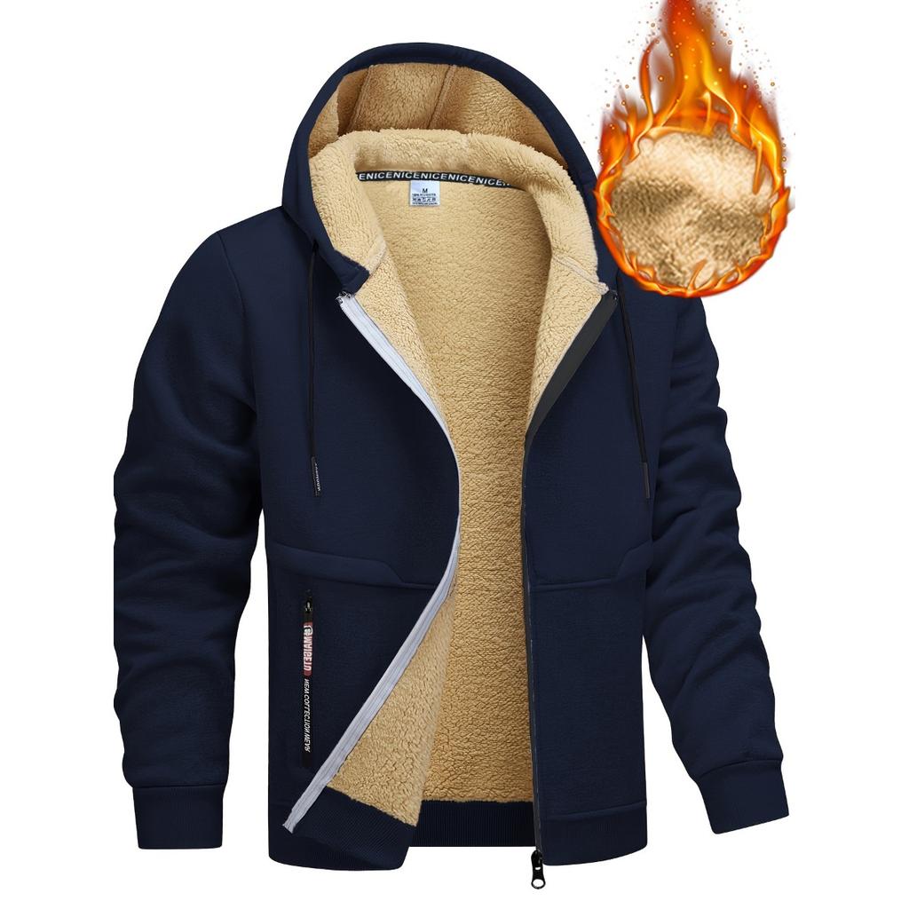 Geacă cu glugă căptușită confortabilă pentru bărbați - Casual, culoare uni albastru, cu fermoar, glugă cu șnur, buzunar cu fermoar și închidere cu nasturi în față, îmbrăcăminte cu textură moale