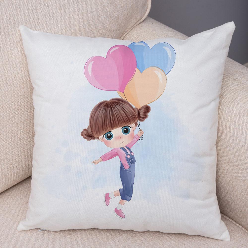 Lovely Girl and Cat Pillowcase Decor Cute Cartoon Child Cushion Cover Pillow Case for Children Room Sofa Home Car 45x45cm