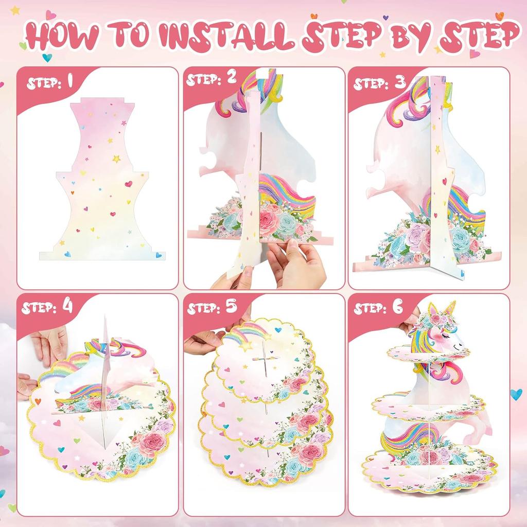 3 Tier Unicorn Cupcake Stand Party Decorations Rainbow Unicorn Birthday Cupcake Holder Dessert Tower for Kids Party Baby Shower Wedding Family, Cute