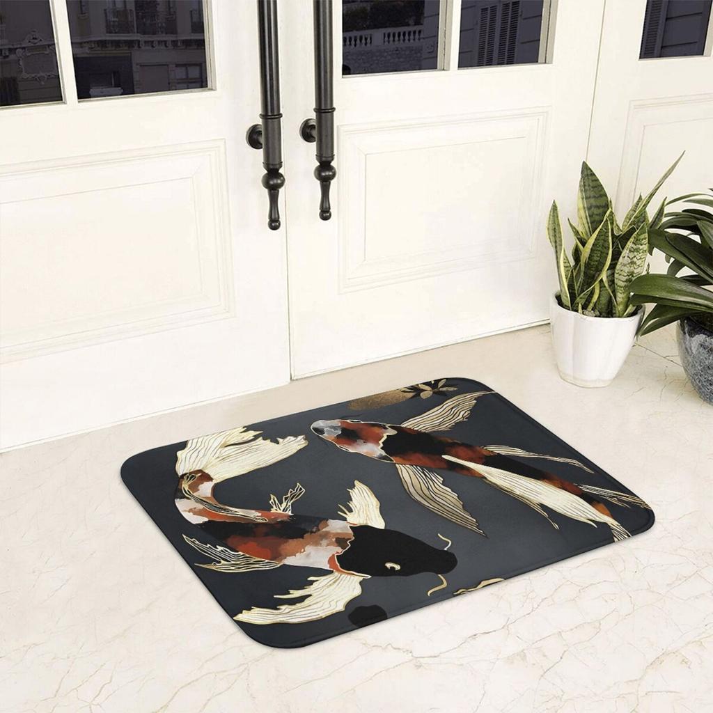 1pc Metallic Koi Fish Bath Mat - Lightweight Machine-Washable Polyester Blend, Non-Slip Rubber Backing, Elegant Black Background