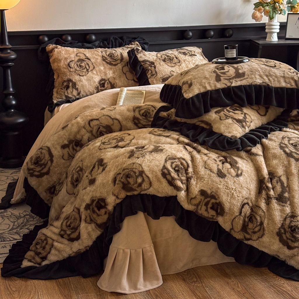 סט מצעים יוקרתי לחורף עם הדפס נמר ופרוות ארנב, ארבעה חלקים - כיסוי שמיכה עם ריפוד נוסף והגדלת עובי לחימום ונוחות משופרים.