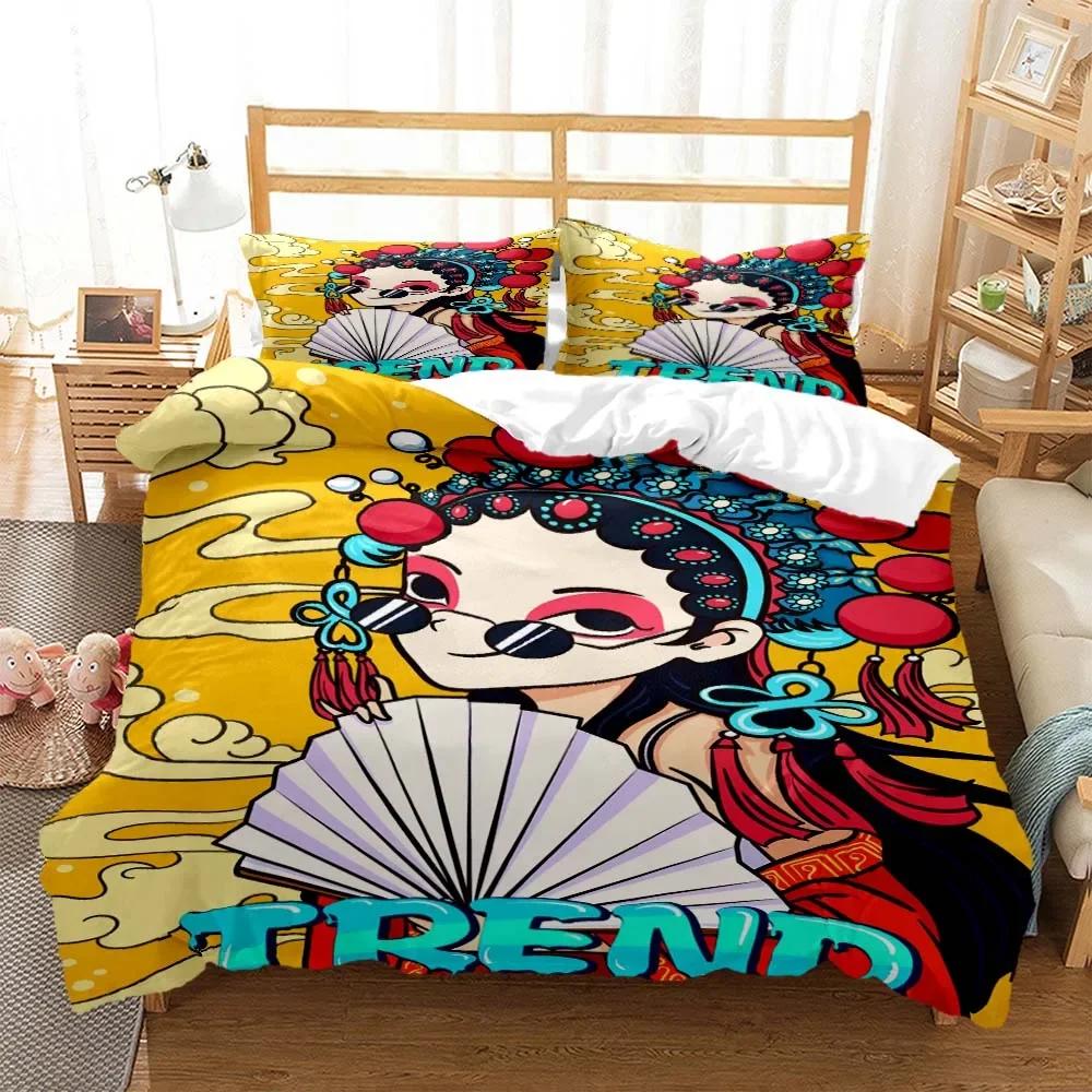 Chinese Cartoon Beijing Opera Natural Digital Printing Polyester Bedding Set Youth Three Piece Set Art Soft And Comfortable