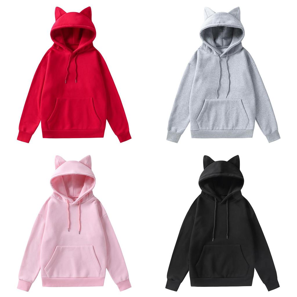 Felpa Base con Orecchie da Gatto da Donna con Scollo a V e Tessuto in Poliestere per Uso Casual Primaverile