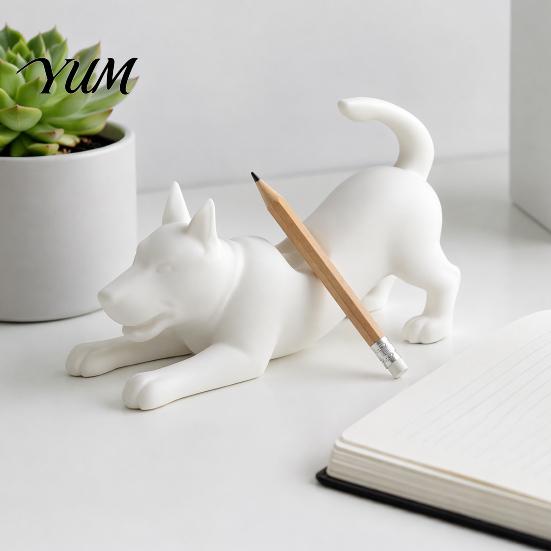 Minimalist Desktop Ornament for Office Cute Dog Pen Holder, 3D Printed Pencil Stand, Small Kawaii Puppy Figurine Rack Stretching Desk Organizer
