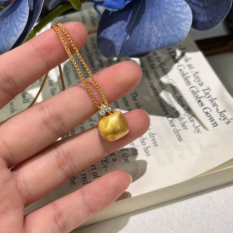 Italian Brushed Craft, Small Golden Bean Necklace, Stud Earrings, Retro Irregular Collarbone Chain, High-End Set.