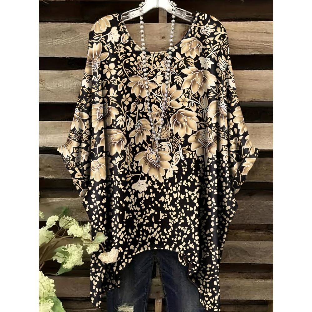 Camiseta de Verano para Mujer Estilo Étnico Estampado Retro Chaqueta Larga Informal Cómoda Camiseta Dobladillo Irregular Cuello Redondo Manga Corta para Mujer