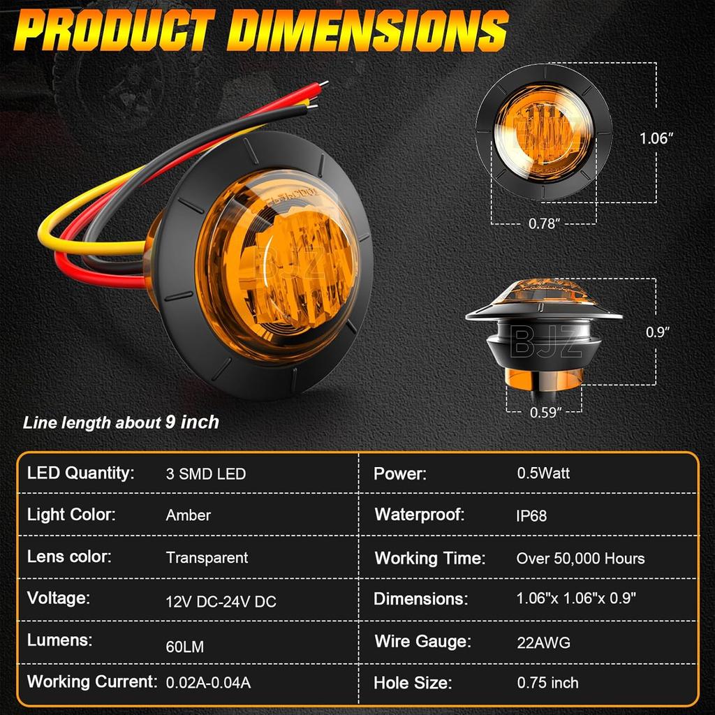 BJZ 3/4" Strobe+Marker Lights Dual Function Amber Trailer LED Side Clearance Tail Bumper Griller Flash Lights 12V Turn Signal Warning Indicator