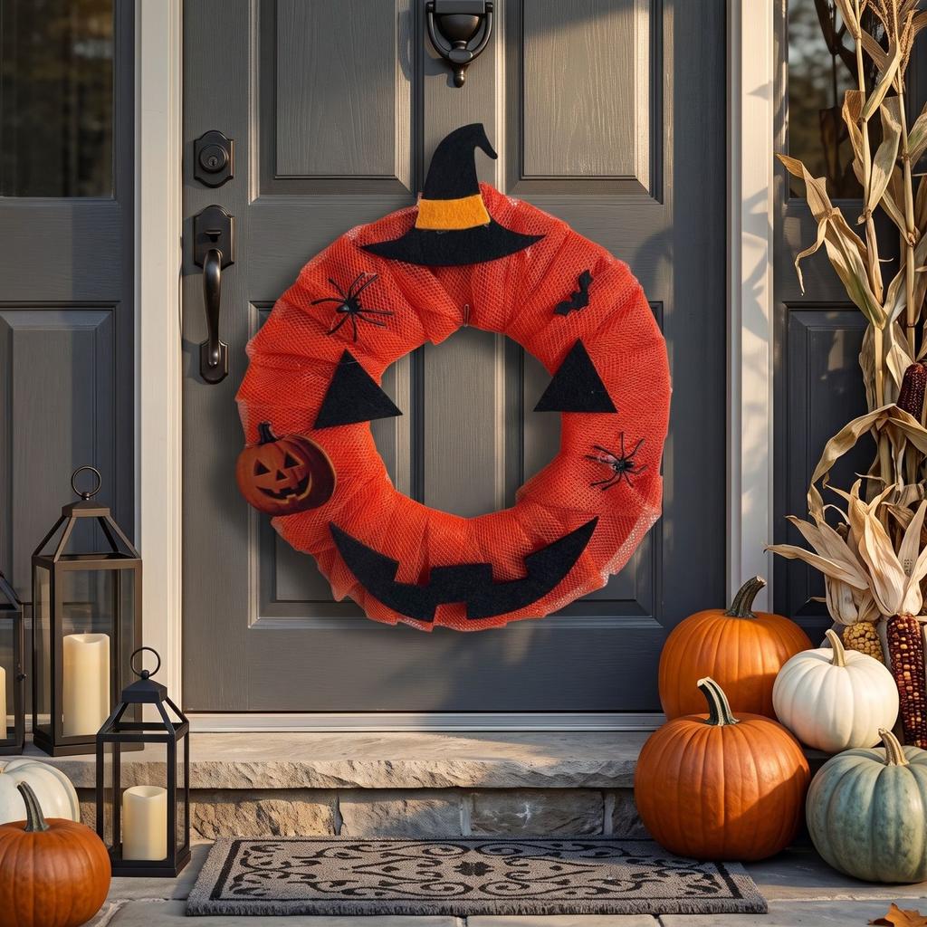 Halloween-Kranz mit Kürbis und Dekoration für festliche Wohnraumdekoration