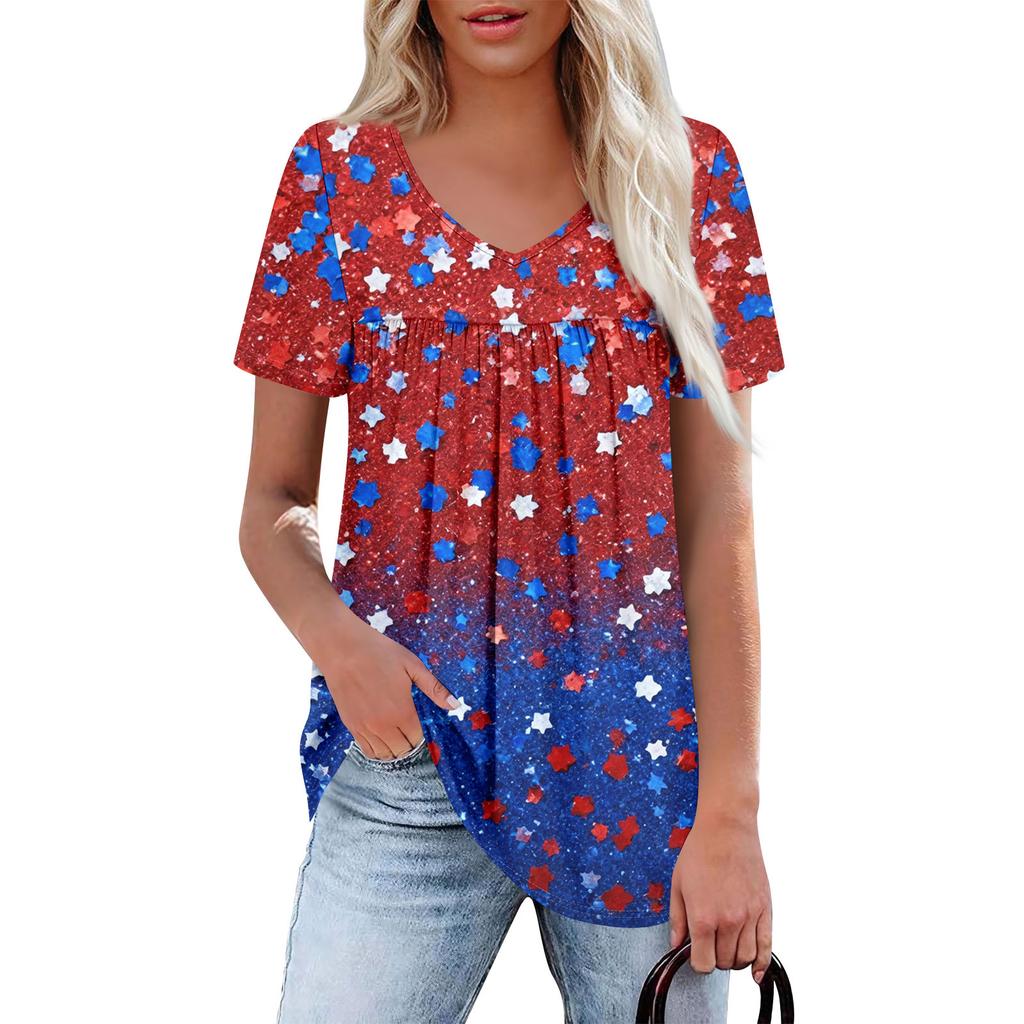 Women's Casual V-Neck Short Sleeve Chest Ruffle Printed Top