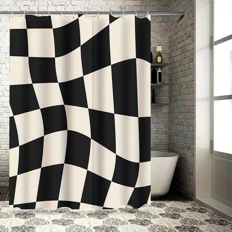 Tonnika Chen Black/White And Checkered Shower Curtain Modern And Stylish Bathroom Decor Durable Waterproof Fabric Easy To Clean And Maintain
