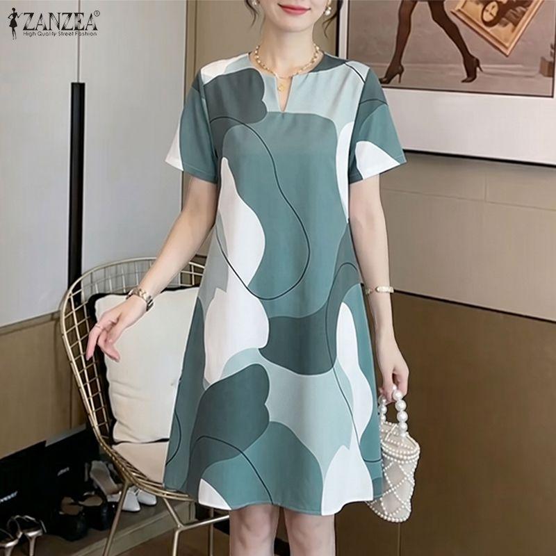 ZANZEA Women Casual V-Neck Short Sleeve Loose Summer Print Dress