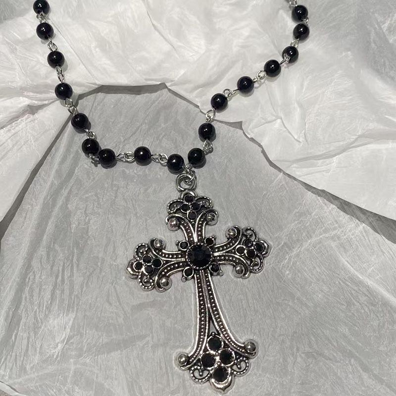 Gotische Y2K Hart & Vleermuis Kruis Hanger Ketting met Zwarte Kralen