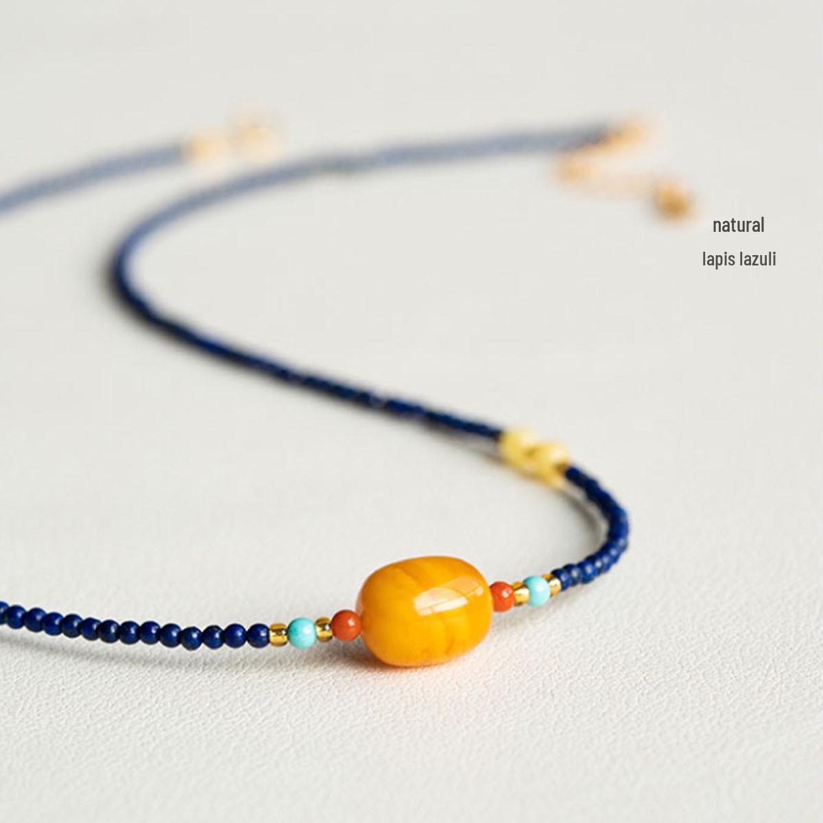 Натуральный лазурит и янтарь, бусины-рисинки, чокер Lapis Lazuli