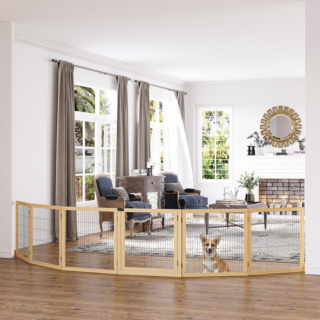 Wooden Pet Gate, Freestanding Dog Security Barrier with Two Support Feet - Natural Tone