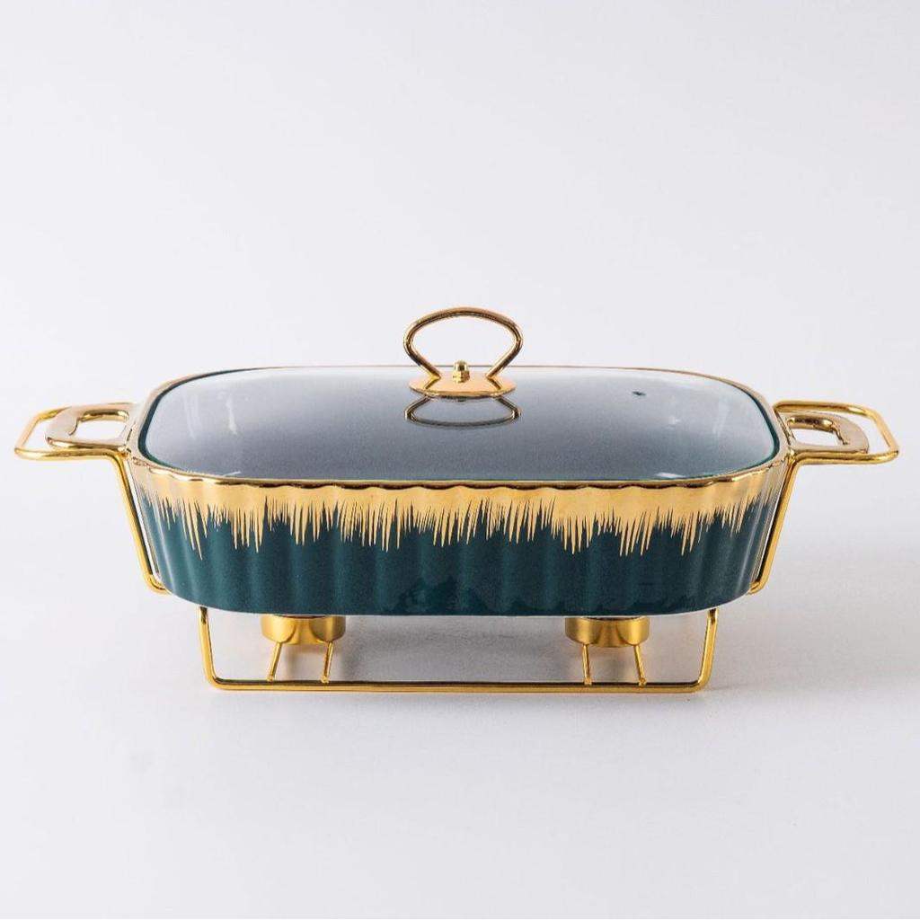 Rectangular Golden Ceramic Baking Casserole Pot with Stand