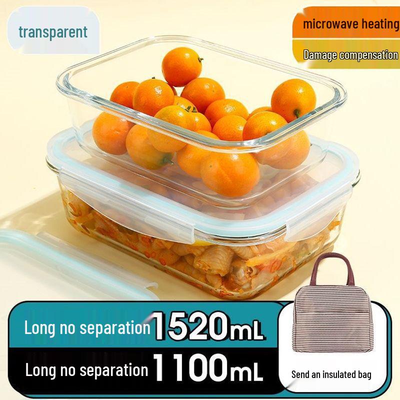 Microwaveable Transparent Glass Bento Lunch Box with Lid and Fresh-Keeping, Includes Damage Compensation.