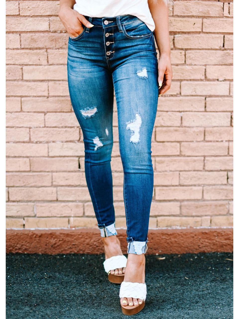 

Женские рваные узкие джинсы с застежкой на пуговицы, новый стиль, осень 2022 г. - потертые брюки-карандаш с пуговицами - повседневная мода M