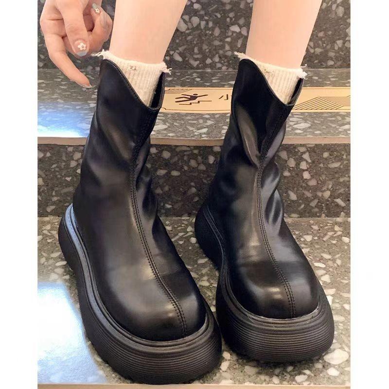 Fashion Platform Mid-tube Shoes Autumn and Winter New Round Toe Rear Zipper Non-slip Waterproof Soft-soled Shoes
