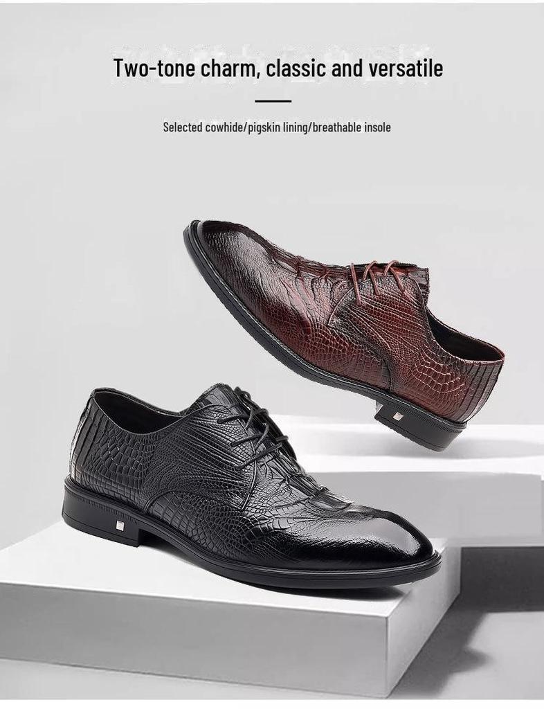 Men's Genuine Cowhide Leather Shoes - British Style, Crocodile Pattern, Pointed, Formal Business Shoes, Brown.