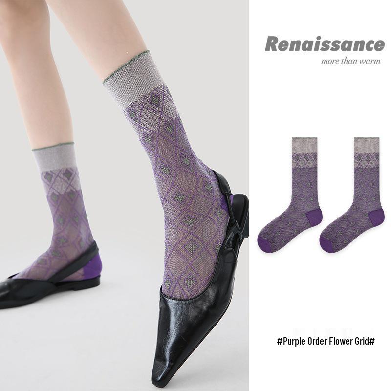 Renaissance Women's Seamless Mid-Calf Socks - Breathable, Thin, Purple, Cute Spring/Summer Socks
