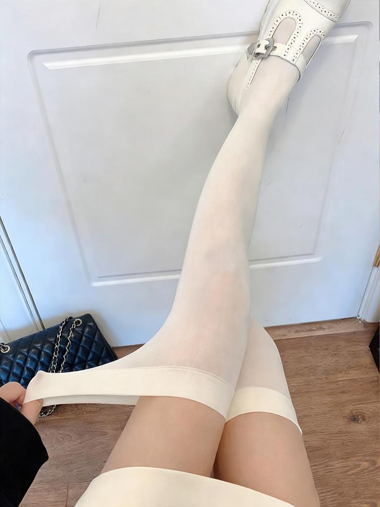 1 Pair Sweet White Opaque Thigh Highs For Women, High-Stretch Skin-Friendly Hosiery For Lolita & Date Outfits