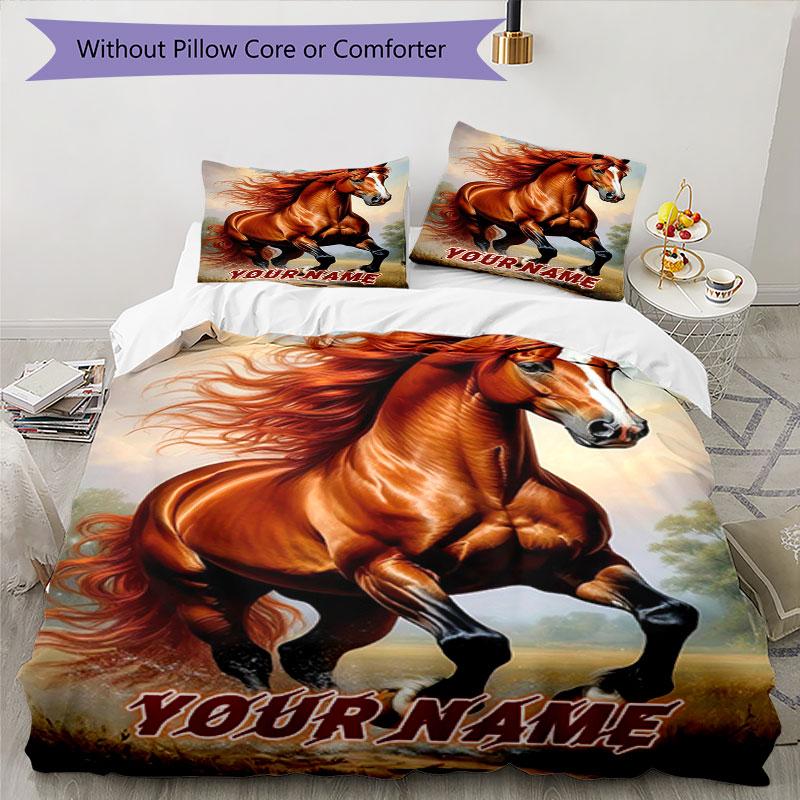 3PC Custom Name Rustic Horse Freedom Run Bedding Set Duvet Cover Closure Includes 1 Duvet Cover & 2 Pillowcases for Bedroom