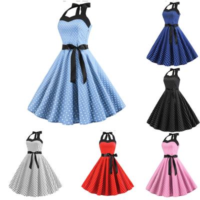 Damenmode Temperament Retro Polka Dot Schnürung Rückenfrei Set Hals Big Swing Puffy Casual Performance Kleid