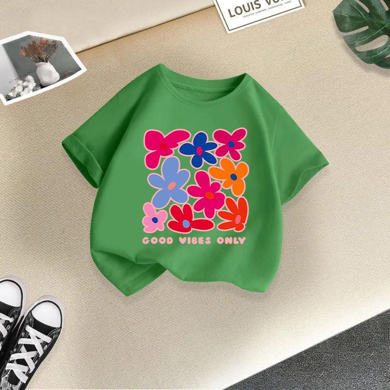 Children T-shirt Flower Printed Kids 100% Cotton Clothes Tops 2-13Y O-Neck Short-sleeve T-shirt