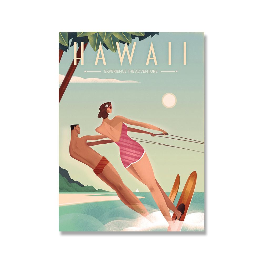 Vintage World Famous Attractions City Posters and Prints Italy Rome Hawaii Canvas Painting Wall Art for Living Room Home Decor (with Frame)