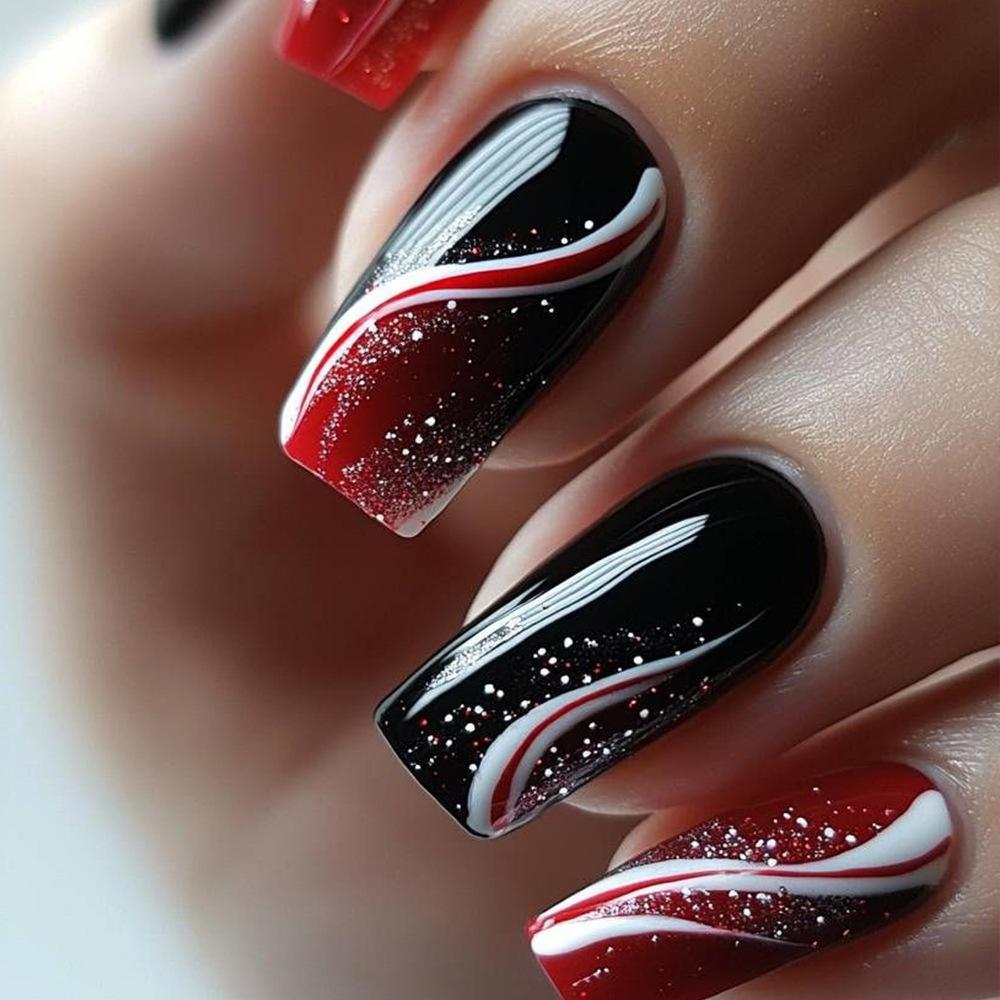 24PCS Simple Red Medium Square False Nails with Marble Smudging Golden Lines French Press on Nails Full Cover Wearable Manicure