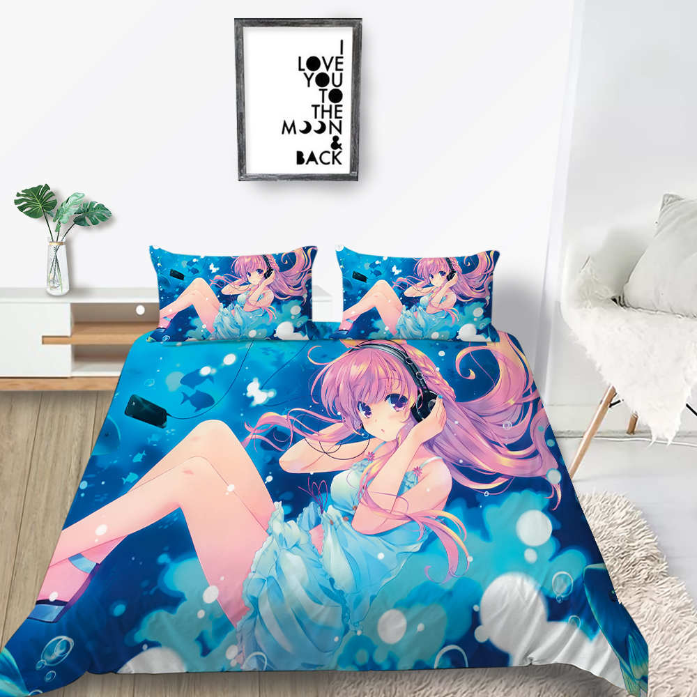 3D Animation Bishōjo Bedding Set, Curtilage Male Room Duvet Cover 2/3 Pieces, Anime Beautiful Woman DE135 * 200 Full Size Soft Home Decoration
