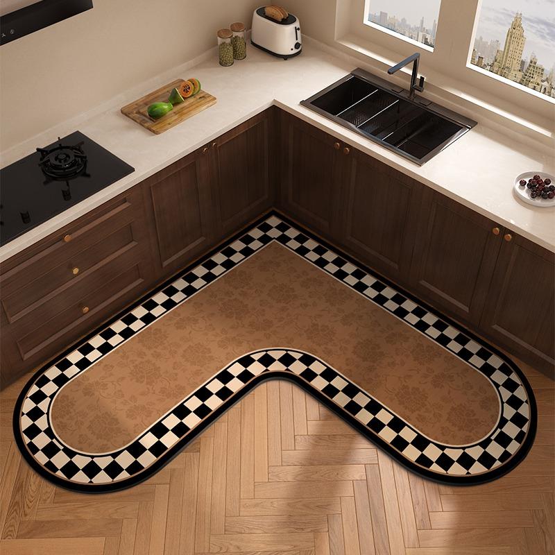 L-shaped Carpet for Kitchen Absorbent Non-slip Floor Mat Minimalist Retro Style Home Decoration Rug Oil Absorption Wipeable