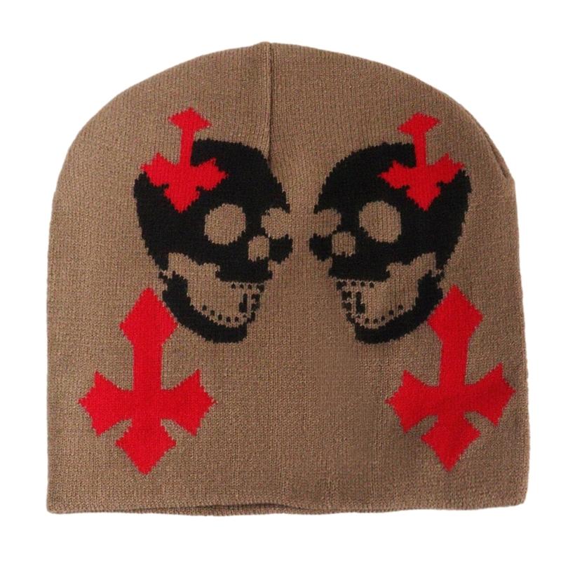 Knit Double Skull Beanie Hat for Students Adult Windproof Foldable Winter Hat Handmade Halloween Keep Warm Cycling Hat