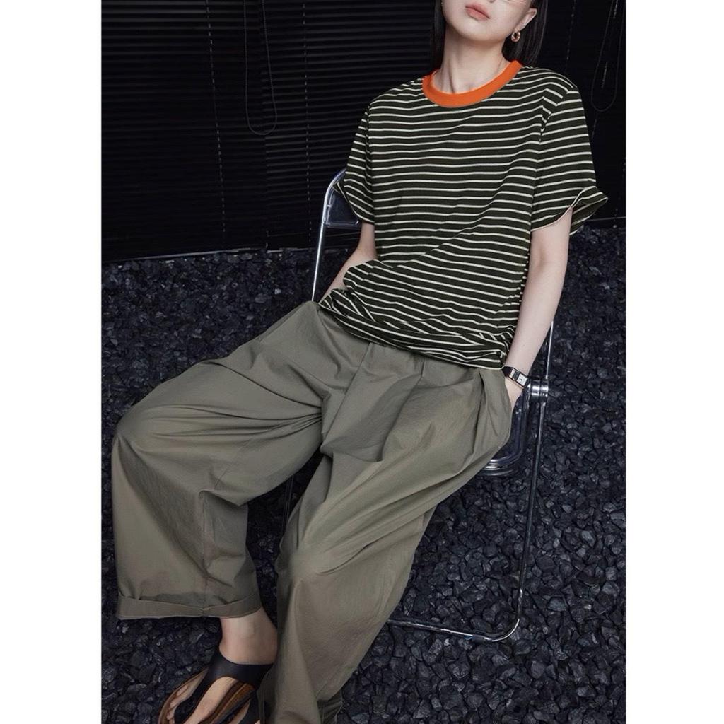 2024 Summer Women's Retro Dark Green Striped Short-Sleeve T-Shirt, Round Neck, Versatile, Thin