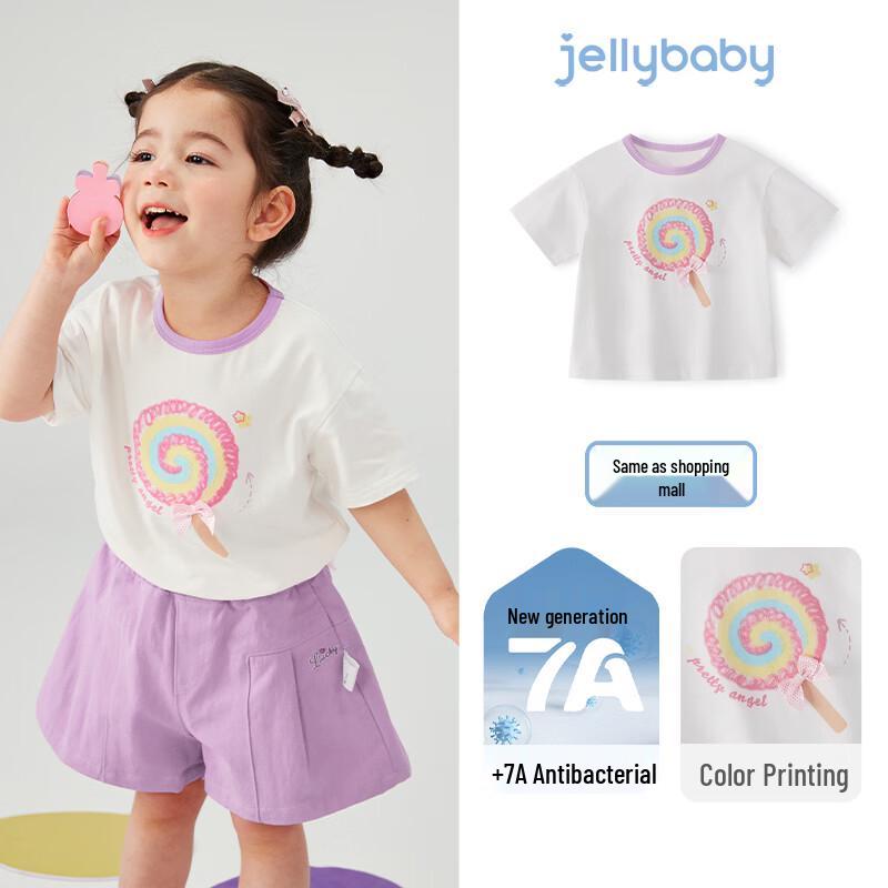 JELLYBABY Girls Stylish Bow Print Short Sleeve T-Shirt 140