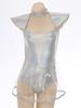 Womens Space Alien Cosplay Costume Fly Sleeve Cutout Briefs Bottom PVC Skirt One Piece Bodysuit