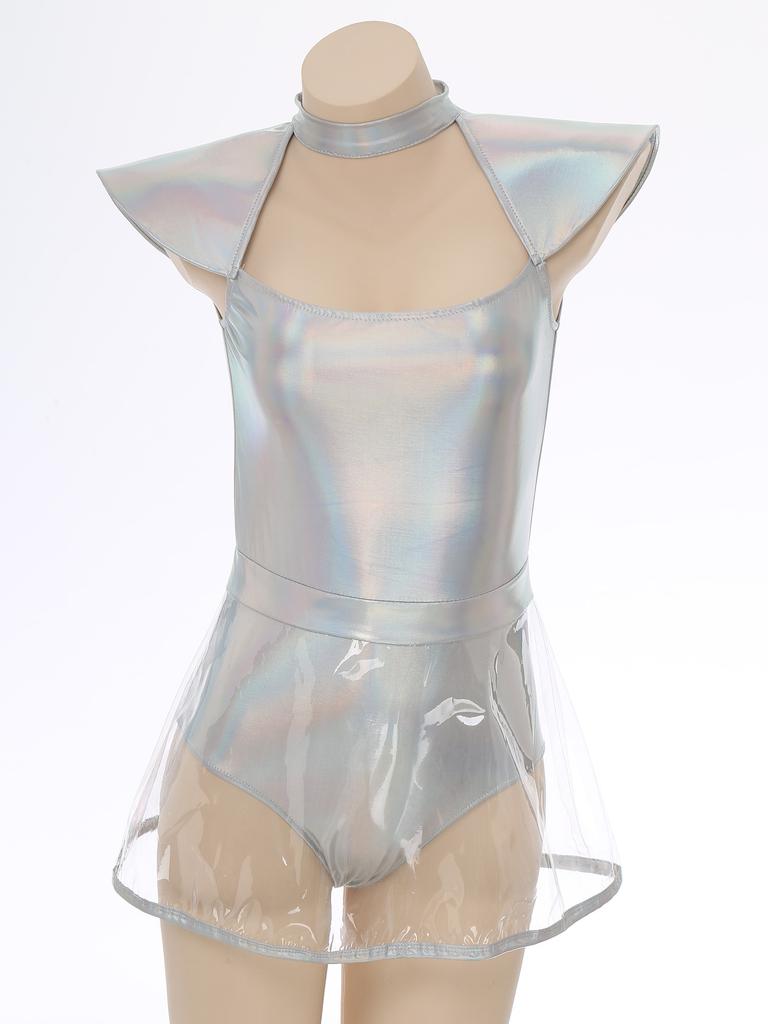 Womens Space Alien Cosplay Costume Fly Sleeve Cutout Briefs Bottom PVC Skirt One Piece Bodysuit