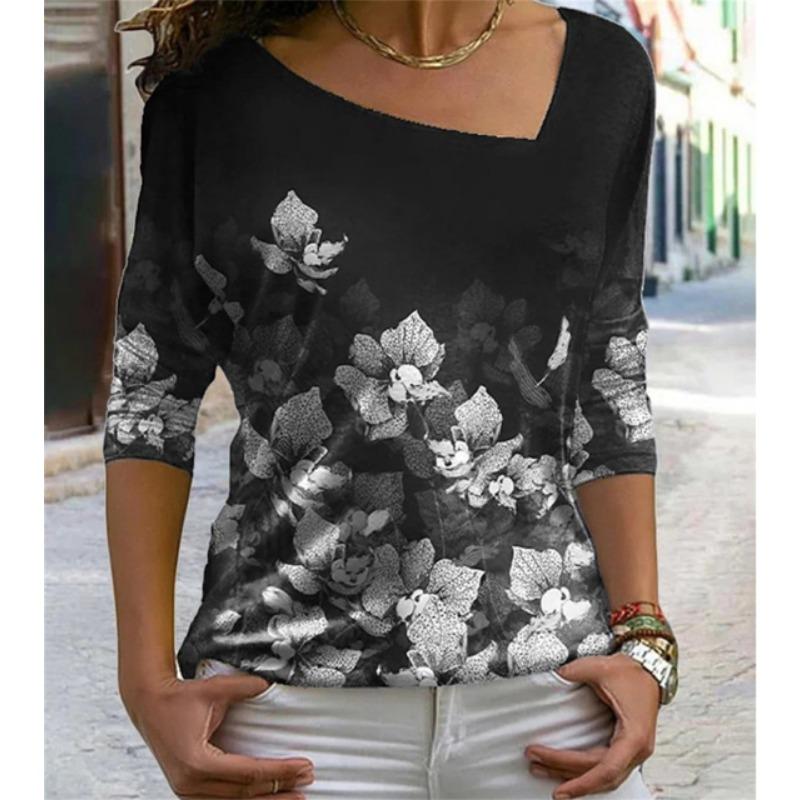 Autumn Women T Shirts Flower 3D Printing Long Sleeve Fashion Loose Irregular Diagonal Collar Ladies Clothes Harajuku Shirt Top