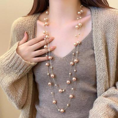 Elegante lange mehrreihige Perlenkette für Damen - Vielseitiges koreanisches Modeaccessoire für Herbst/Winter