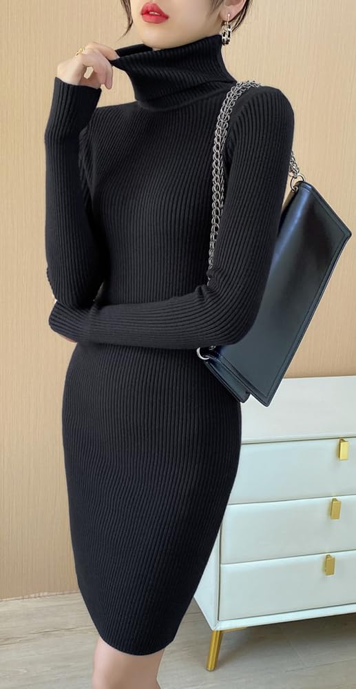 Hanmall Knit Gal Long Above the Solid High LON160 Women's Dress, Mini, Tight, Turtleneck, Sexy, Dress, Sleeves, Knee, Color, Waist, Autumn/Winter,