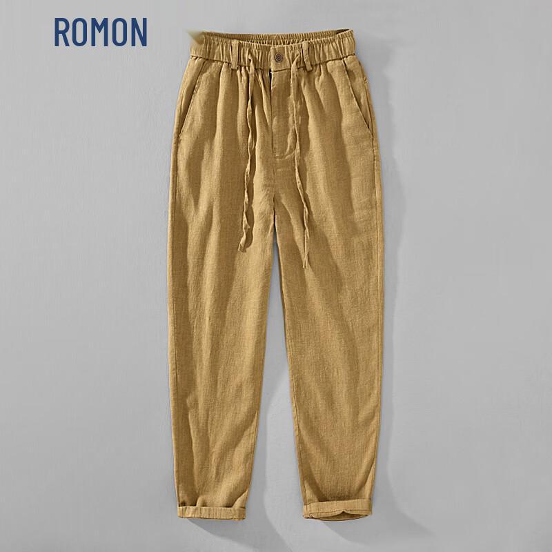 ROMON 2026 Men s Cotton Linen Solid Casual Pants 2XL