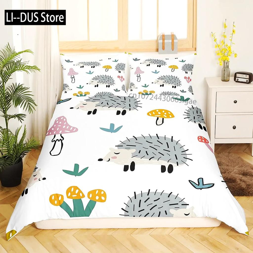 Hedgehog Duvet Cover Mushroom For Boys Teens Cute Cartoon Wild Animal Pinecone Tree Leaf Quilt Cover Autumn Leaves Room Decor