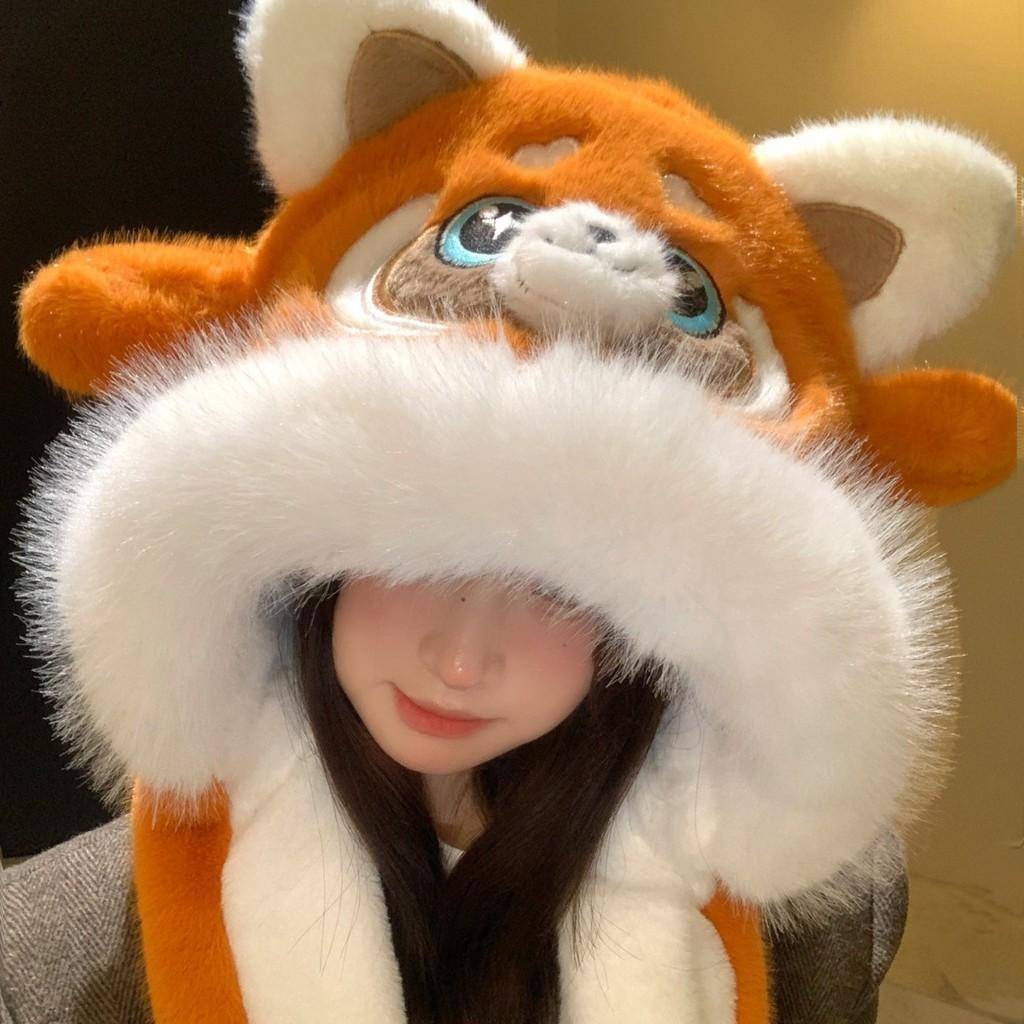 Cute Raccoon Hat Scarf Set With Movable Ears For Women Winter Warmth