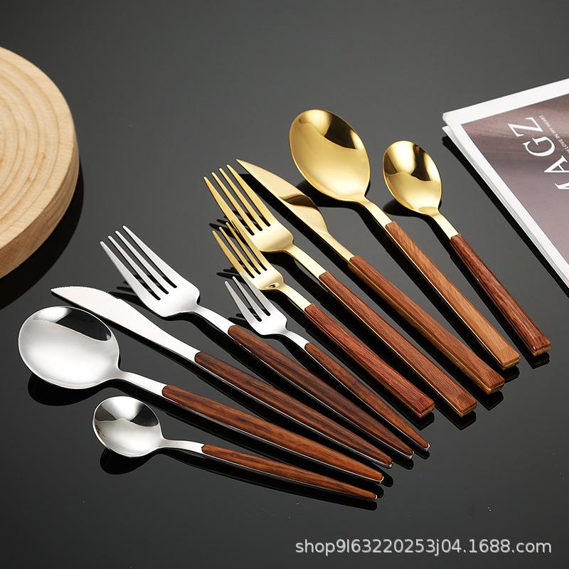 Stainless Steel Western Cutlery Set with Wood-Style Handles - Knife, Fork, Spoon, Steak Knife, Dessert Spoon, Titanium Plated