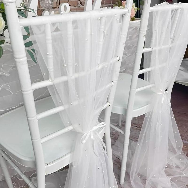 2pcs Pearl Tulle Chair Sashes 75x200cm Organza Fabric Sheer Tulle Chair Drapes For Wedding Party Event Banquet Home Decoration