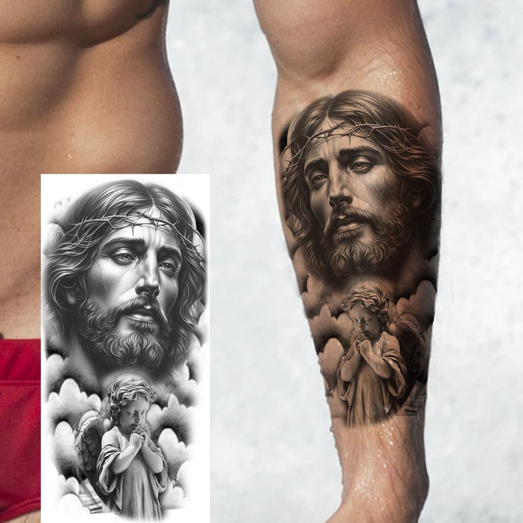 1 Sheet Jesus Pray With Cross Thorn Temporary Tattoos For Men Women Adults, Long Lasting Waterproof 3d Temp Fake Tattoo Sticker